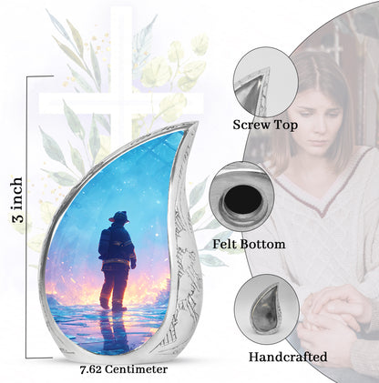 Icy Blue Firefighter Cremation Urn angled view of lid and engraved motif - flowing teardrop firefighter silhouette on curved aluminum - mini keepsake memorial for portion of cremation ashes