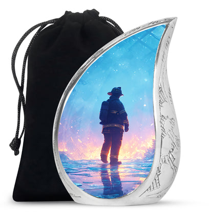 Azure Firefighter Cremation Urn front view showing detailed design - flowing teardrop firefighter silhouette on curved aluminum - full-size 10 inch 200 cubic inch adult cremation urn