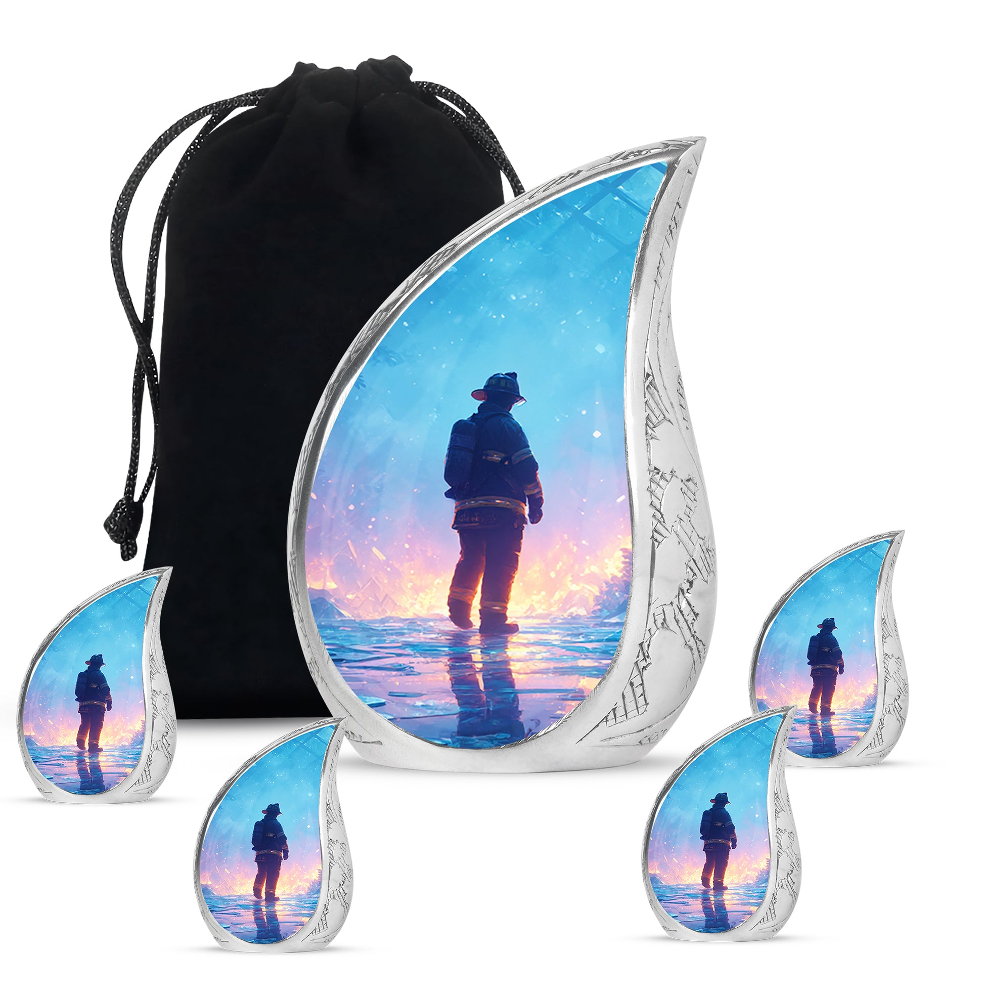 Sapphire Blue Firefighter Cremation Urn side profile showing urn shape - smooth teardrop contour featuring firefighter art - memorial set with one large and four small urns
