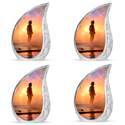Blush Pink Firefighter Cremation Urn close-up of engraving and surface detail - rounded teardrop firefighter design with delicate detail - 10 inch aluminum urn for cremated remains