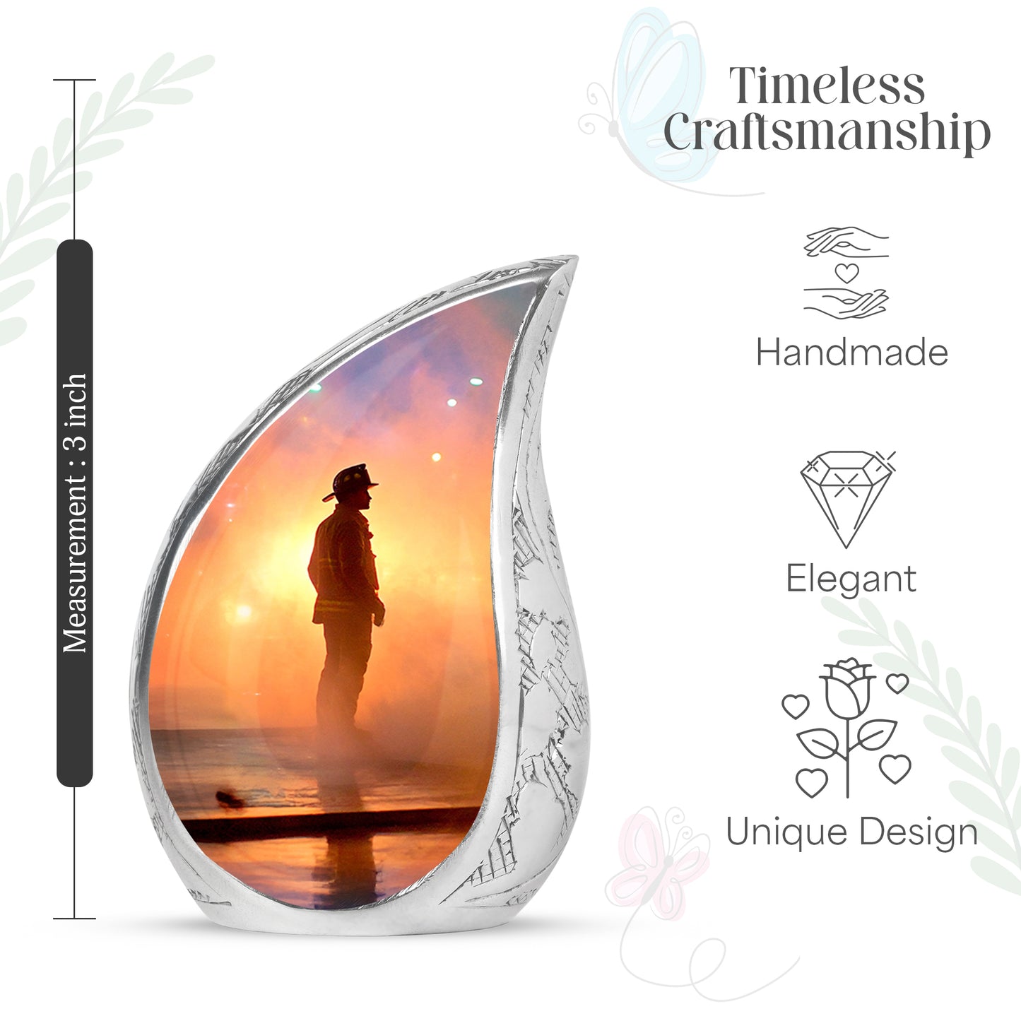 Petal Pink Firefighter Cremation Urn angled view of lid and engraved motif - graceful tear-shaped urn with firefighter motif - mini keepsake memorial for portion of cremation ashes