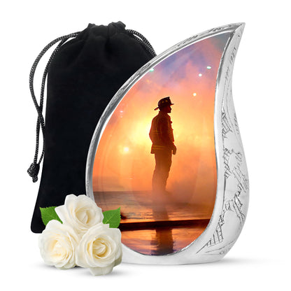 Vintage Pink Firefighter Cremation Urn front view showing detailed design - graceful tear-shaped urn with firefighter motif - full-size 10 inch 200 cubic inch adult cremation urn