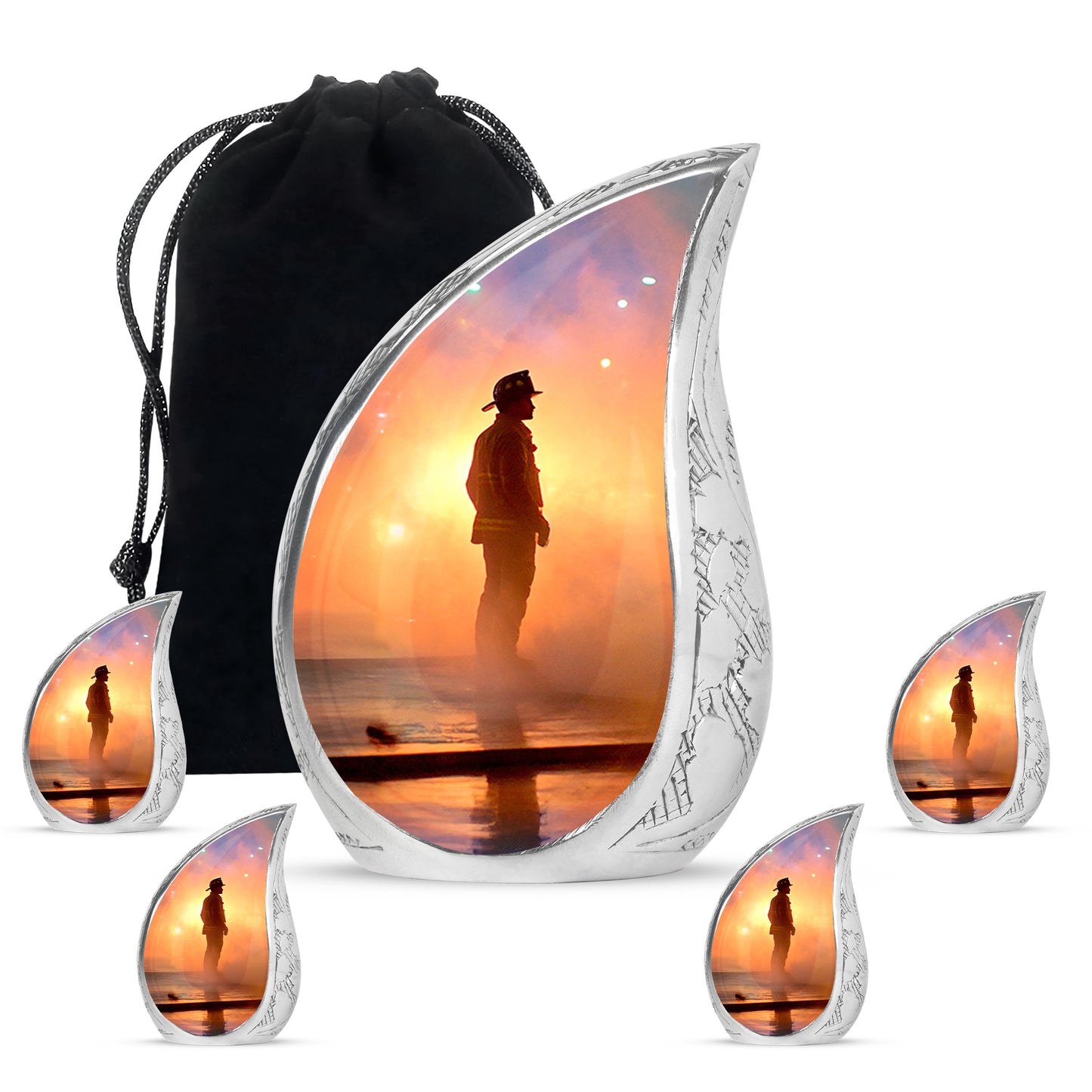 Pastel Pink Firefighter Cremation Urn side profile showing urn shape - rounded teardrop firefighter design with delicate detail - memorial set with one large and four small urns