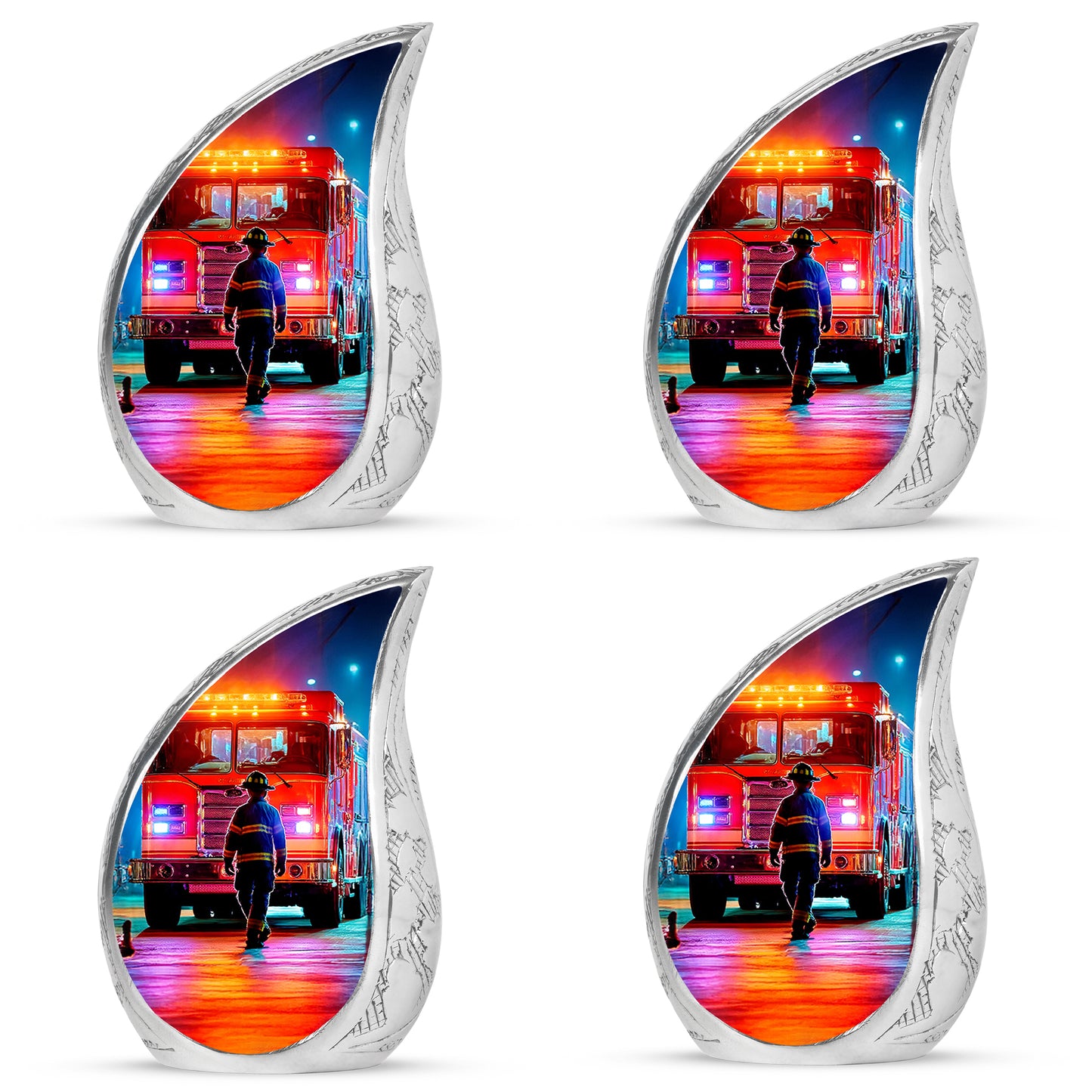 Midnight Black Firefighter Cremation Urn close-up of engraving and surface detail - smooth teardrop contour featuring firefighter art - 10 inch aluminum urn for cremated remains