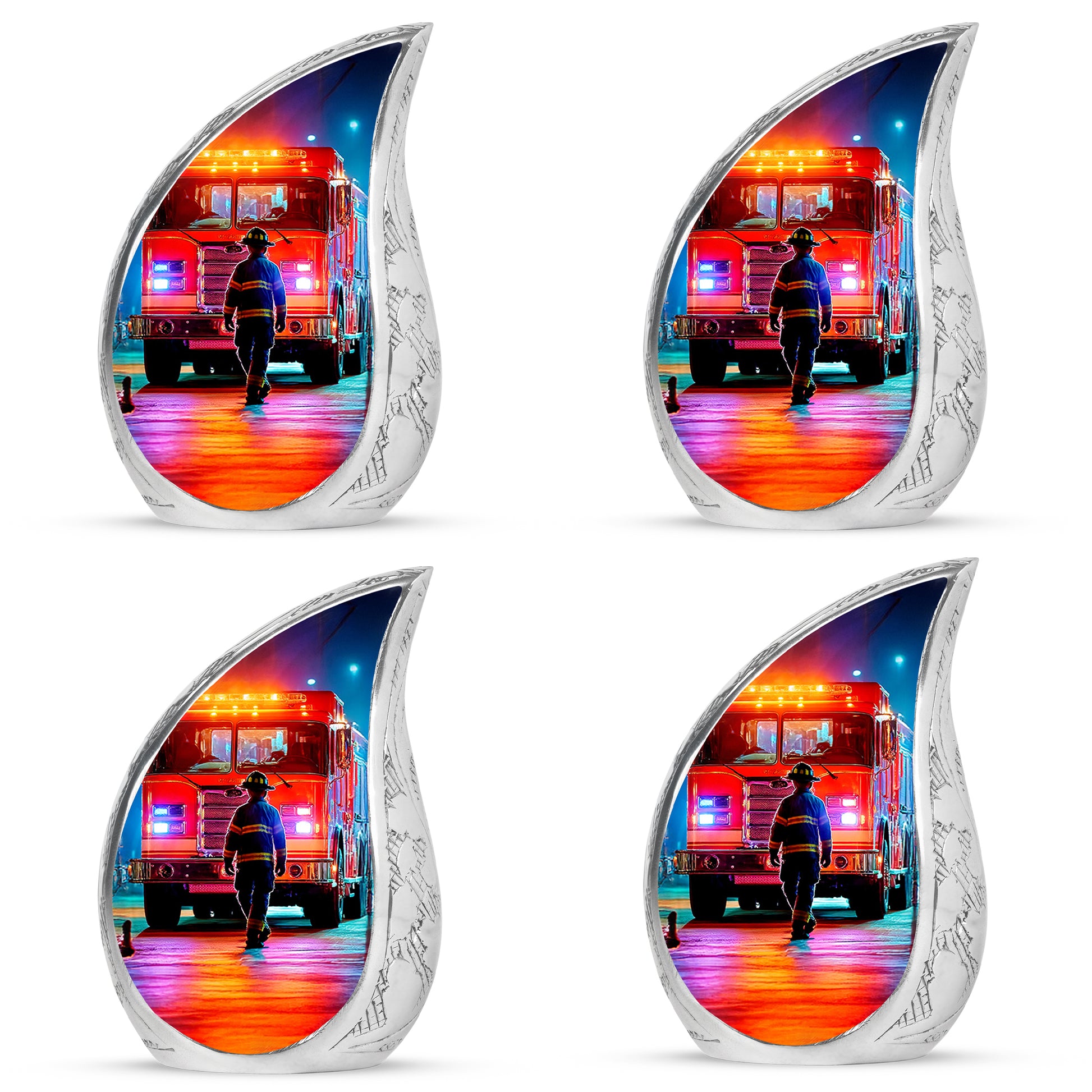 Midnight Black Firefighter Cremation Urn close-up of engraving and surface detail - smooth teardrop contour featuring firefighter art - 10 inch aluminum urn for cremated remains