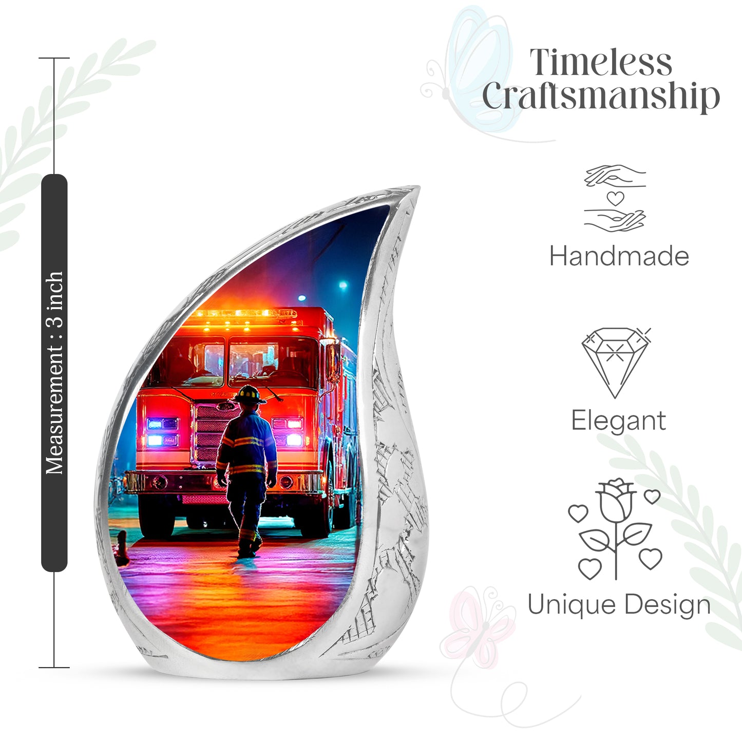 Rich Black Firefighter Cremation Urn angled view of lid and engraved motif - flowing teardrop firefighter silhouette on curved aluminum - mini keepsake memorial for portion of cremation ashes