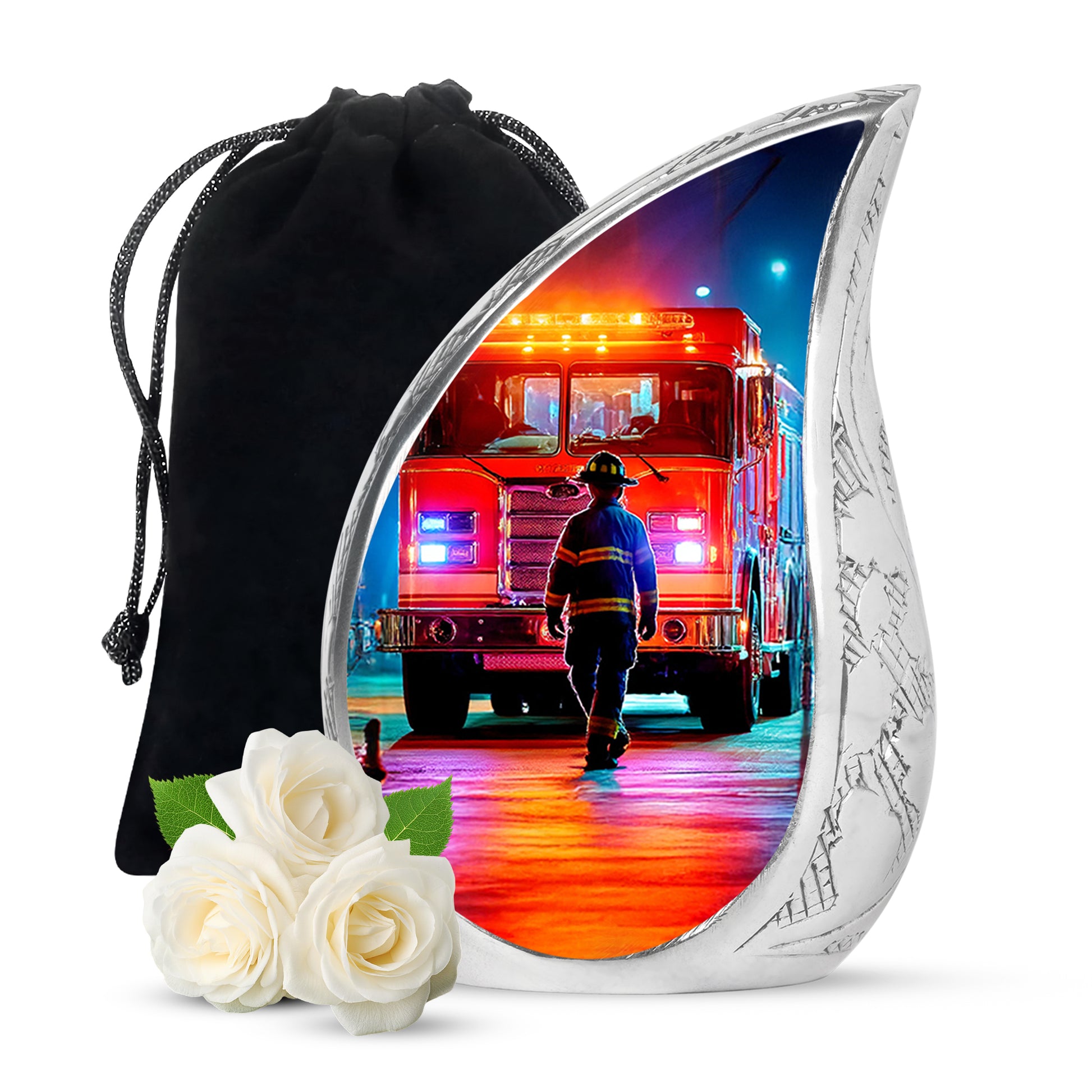 Glossy Black Firefighter Cremation Urn front view showing detailed design - rounded teardrop firefighter design with delicate detail - full-size 10 inch 200 cubic inch adult cremation urn