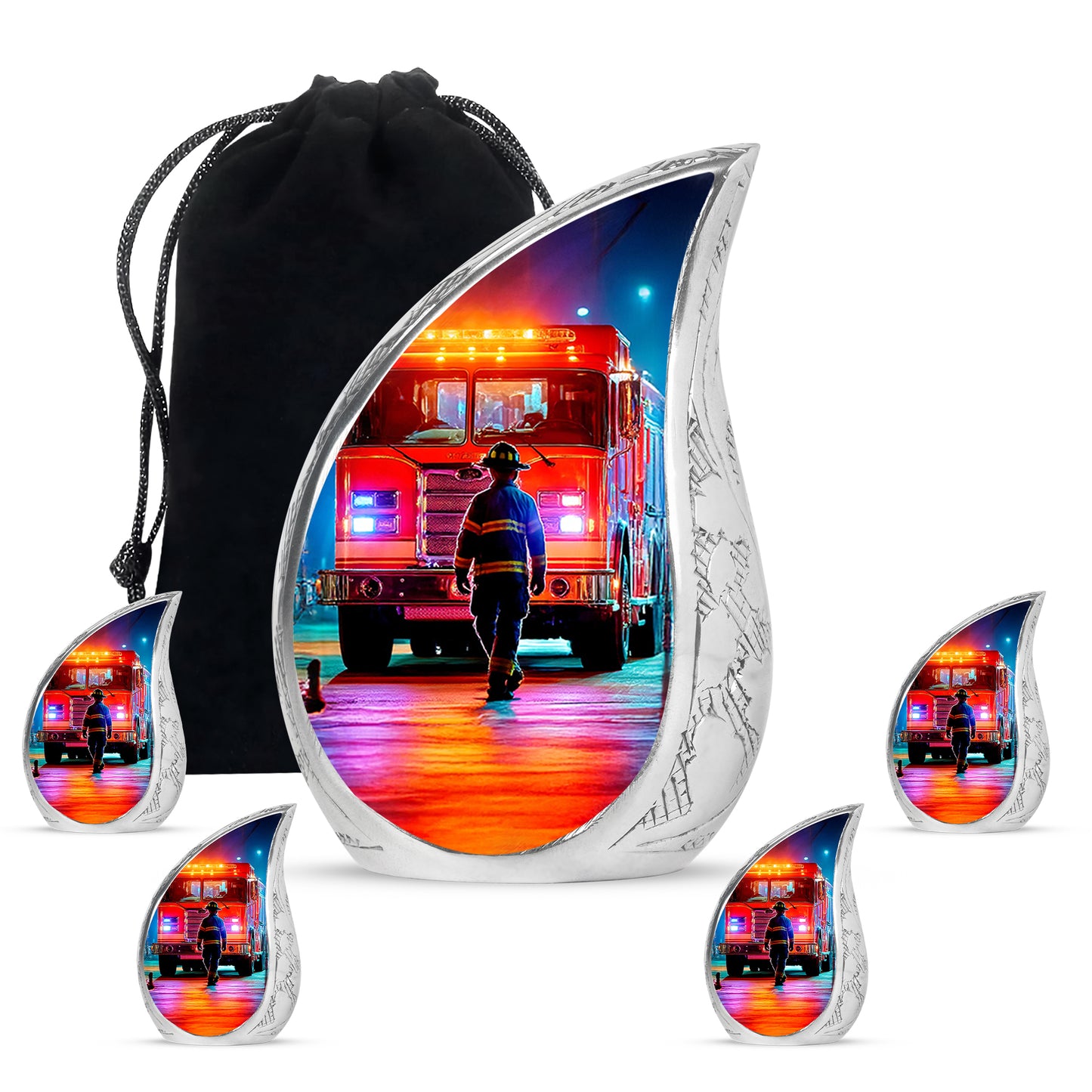 Midnight Black Firefighter Cremation Urn side profile showing urn shape - smooth teardrop contour featuring firefighter art - memorial set with one large and four small urns