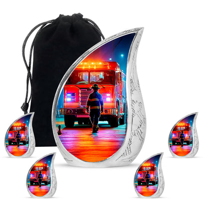 Midnight Black Firefighter Cremation Urn side profile showing urn shape - smooth teardrop contour featuring firefighter art - memorial set with one large and four small urns