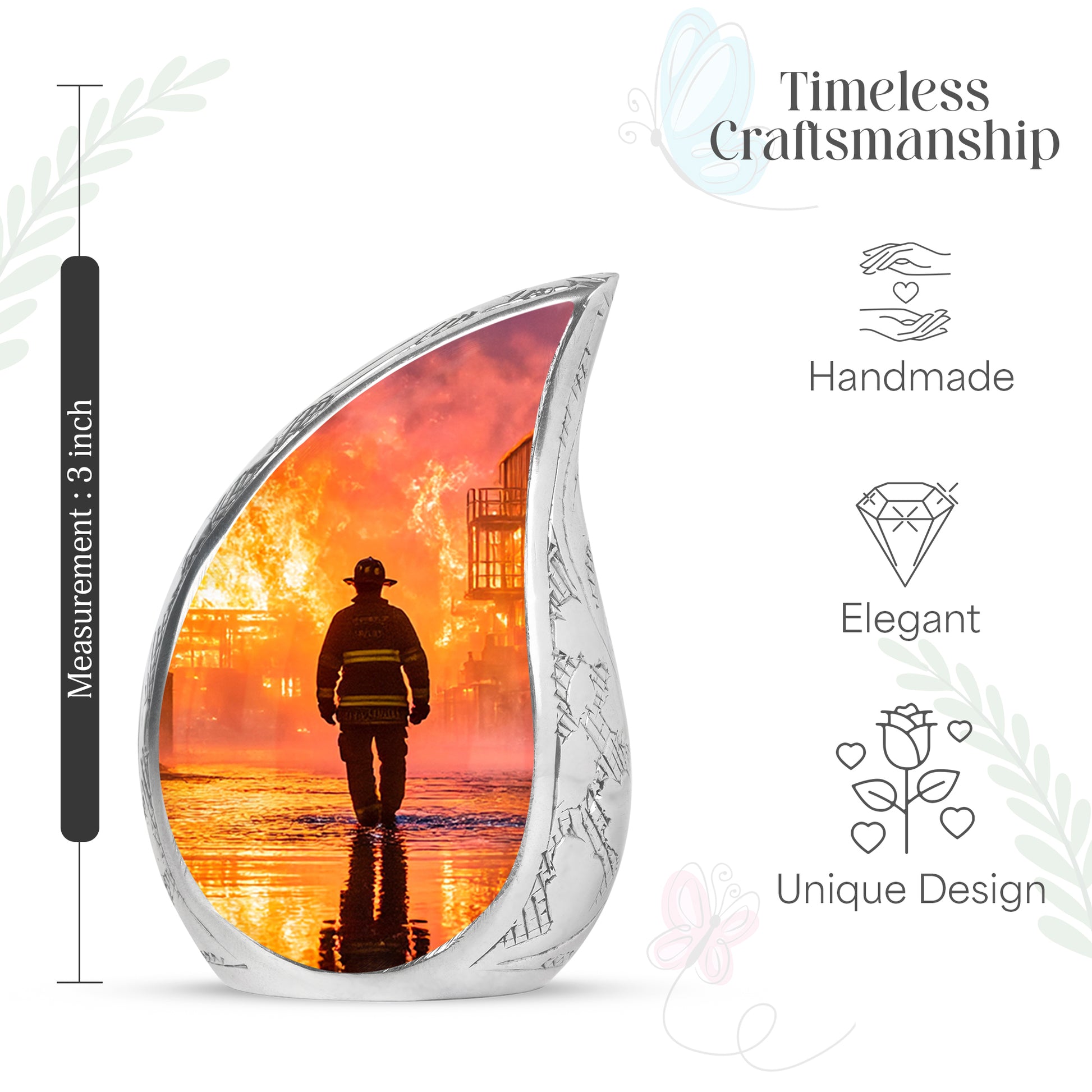 Rich Red Firefighter Cremation Urn angled view of lid and engraved motif - graceful tear-shaped urn with firefighter motif - mini keepsake memorial for portion of cremation ashes
