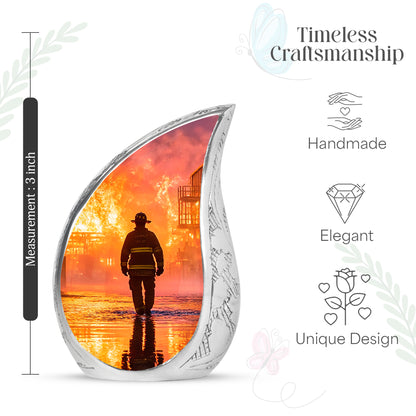 Rich Red Firefighter Cremation Urn angled view of lid and engraved motif - graceful tear-shaped urn with firefighter motif - mini keepsake memorial for portion of cremation ashes