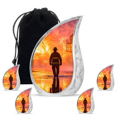 Deep Red Firefighter Cremation Urn side profile showing urn shape - rounded teardrop firefighter design with delicate detail - memorial set with one large and four small urns