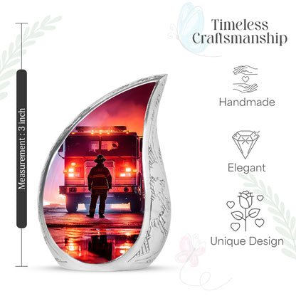 Twilight Purple Firefighter Cremation Urn angled view of lid and engraved motif - graceful tear-shaped urn with firefighter motif - mini keepsake memorial for portion of cremation ashes