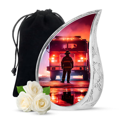 Amethyst Purple Firefighter Cremation Urn front view showing detailed design - flowing teardrop firefighter silhouette on curved aluminum - full-size 10 inch 200 cubic inch adult cremation urn