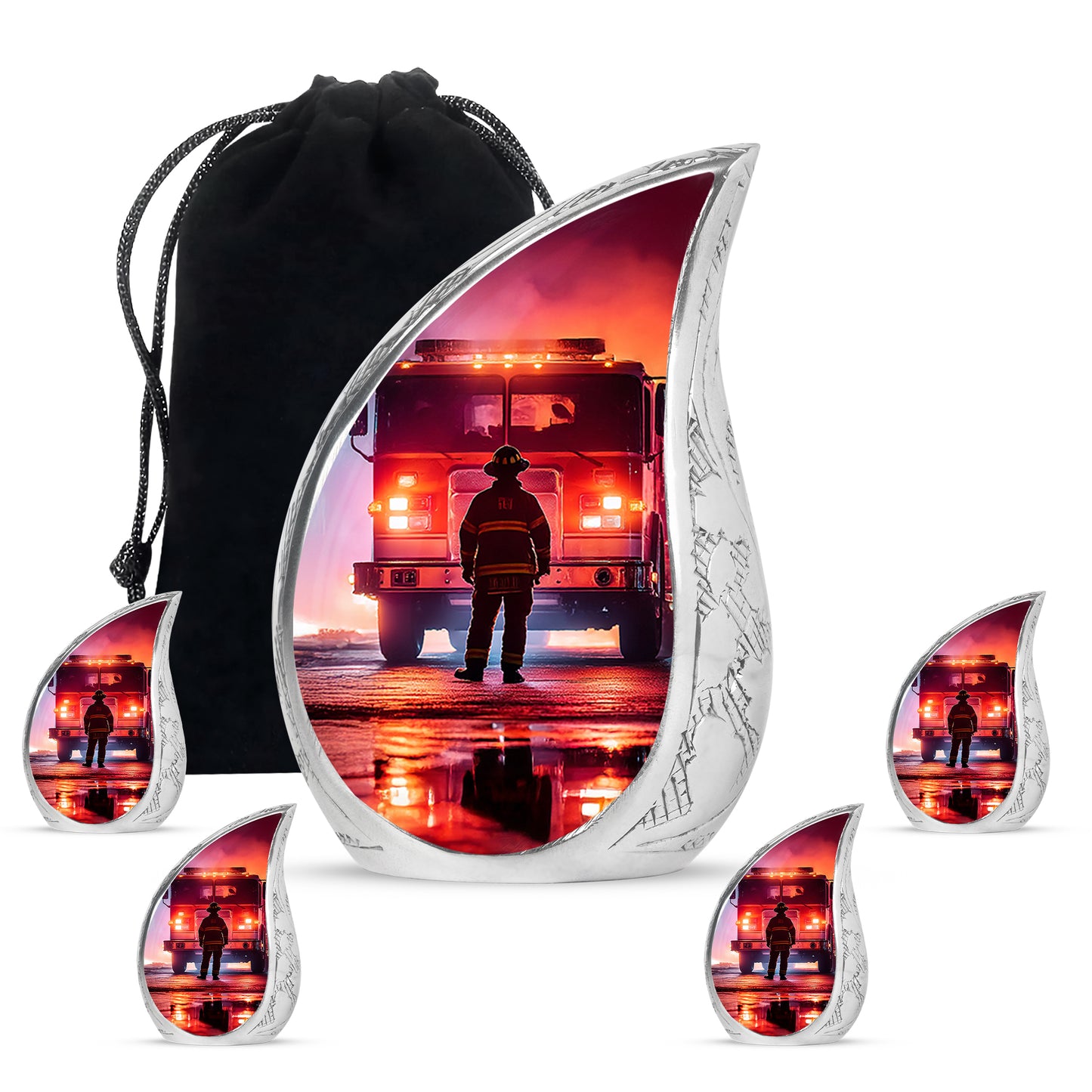 Royal Purple Firefighter Cremation Urn side profile showing urn shape - smooth teardrop contour featuring firefighter art - memorial set with one large and four small urns
