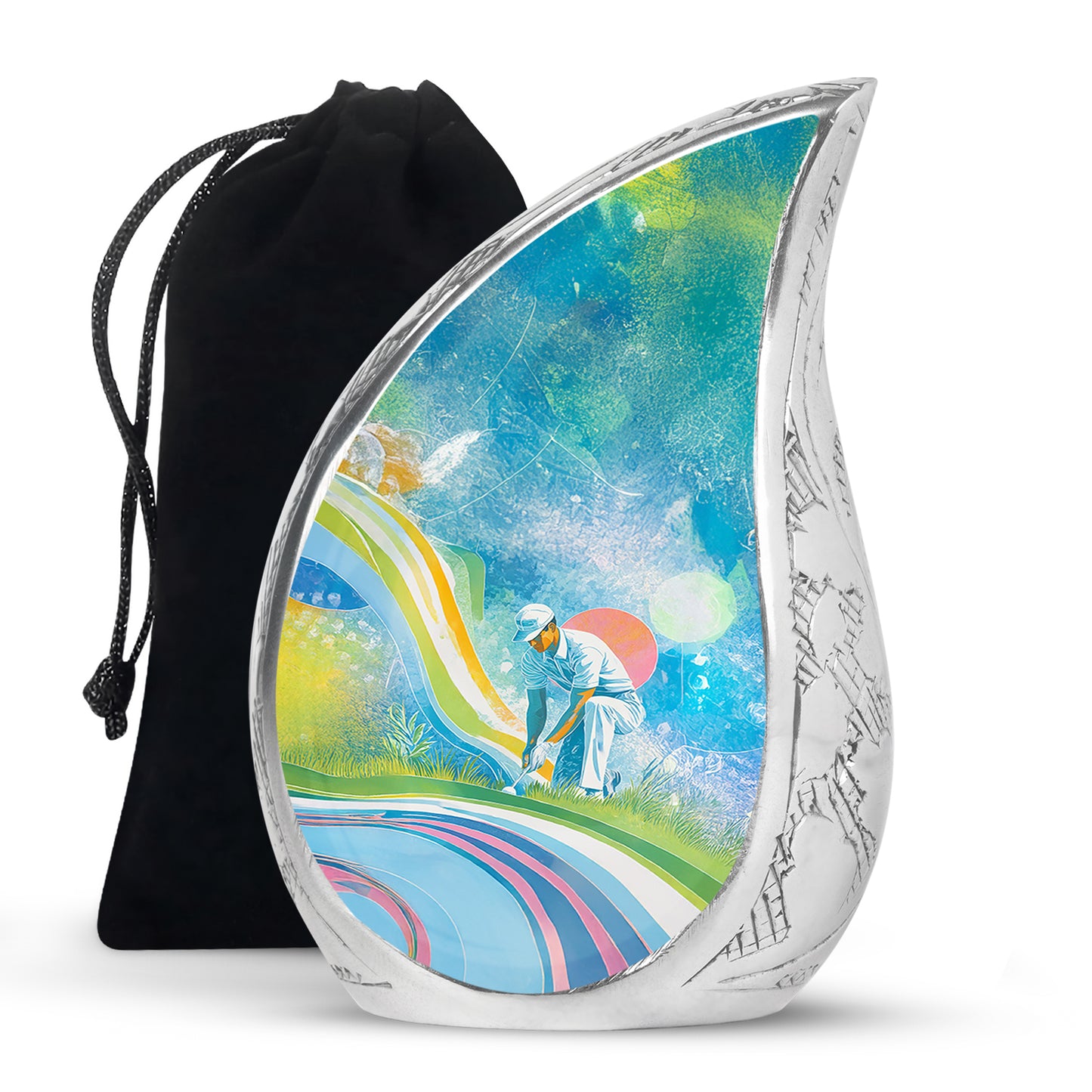 Dusty Blue Golf Cremation Urn front view showing detailed design - flowing teardrop golf silhouette on curved aluminum - full-size 10 inch 200 cubic inch adult cremation urn