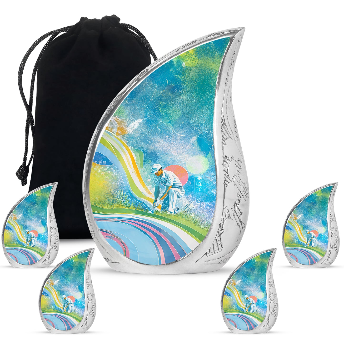 Royal Blue Golf Cremation Urn side profile showing urn shape - smooth teardrop contour featuring golf art - memorial set with one large and four small urns