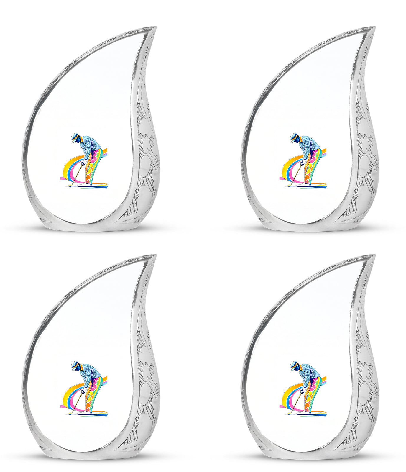 Snow White Golf Cremation Urn close-up of engraving and surface detail - rounded teardrop golf design with delicate detail - 10 inch aluminum urn for cremated remains