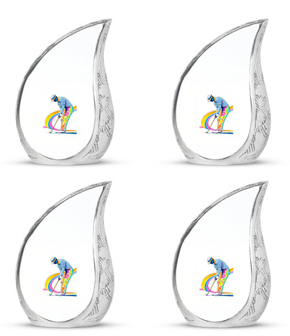 Snow White Golf Cremation Urn close-up of engraving and surface detail - rounded teardrop golf design with delicate detail - 10 inch aluminum urn for cremated remains