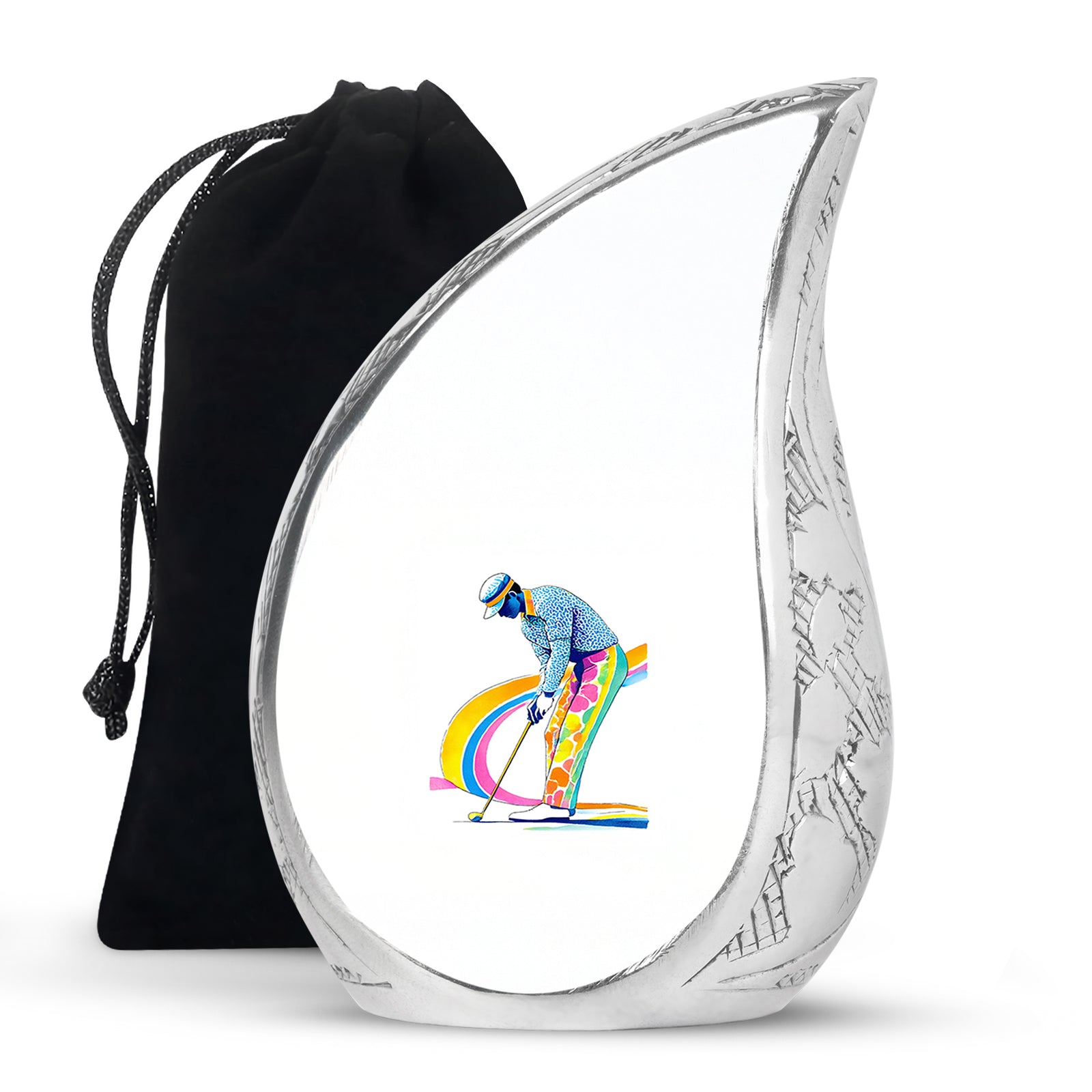 Cloud White Golf Cremation Urn front view showing detailed design - smooth teardrop contour featuring golf art - full-size 10 inch 200 cubic inch adult cremation urn