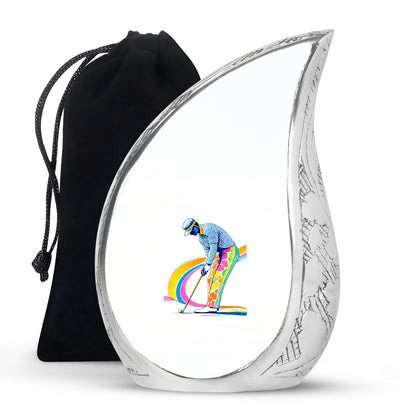 Cloud White Golf Cremation Urn front view showing detailed design - smooth teardrop contour featuring golf art - full-size 10 inch 200 cubic inch adult cremation urn