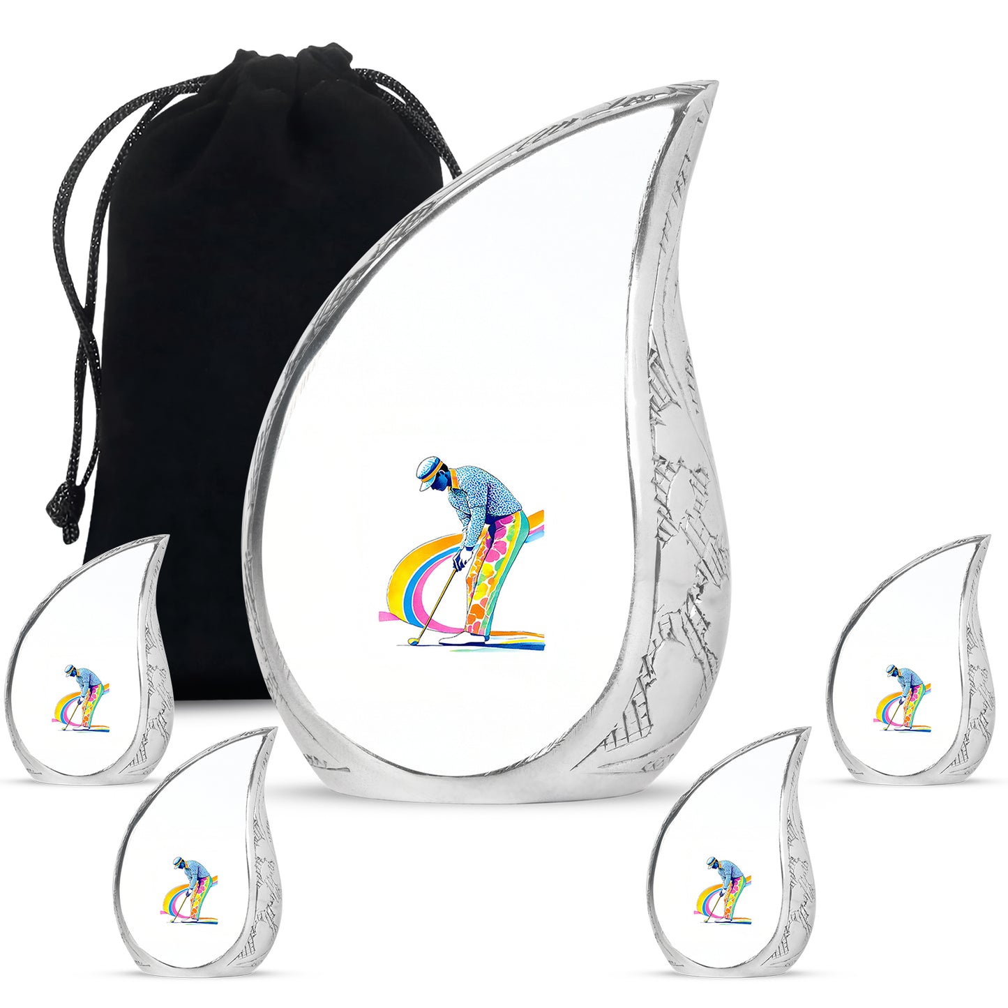 Cream White Golf Cremation Urn side profile showing urn shape - graceful tear-shaped urn with golf motif - memorial set with one large and four small urns