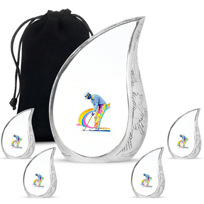 Cream White Golf Cremation Urn side profile showing urn shape - graceful tear-shaped urn with golf motif - memorial set with one large and four small urns