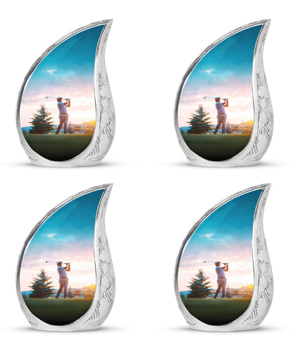 Moonlight Silver Golf Cremation Urn close-up of engraving and surface detail - graceful tear-shaped urn with golf motif - 10 inch aluminum urn for cremated remains