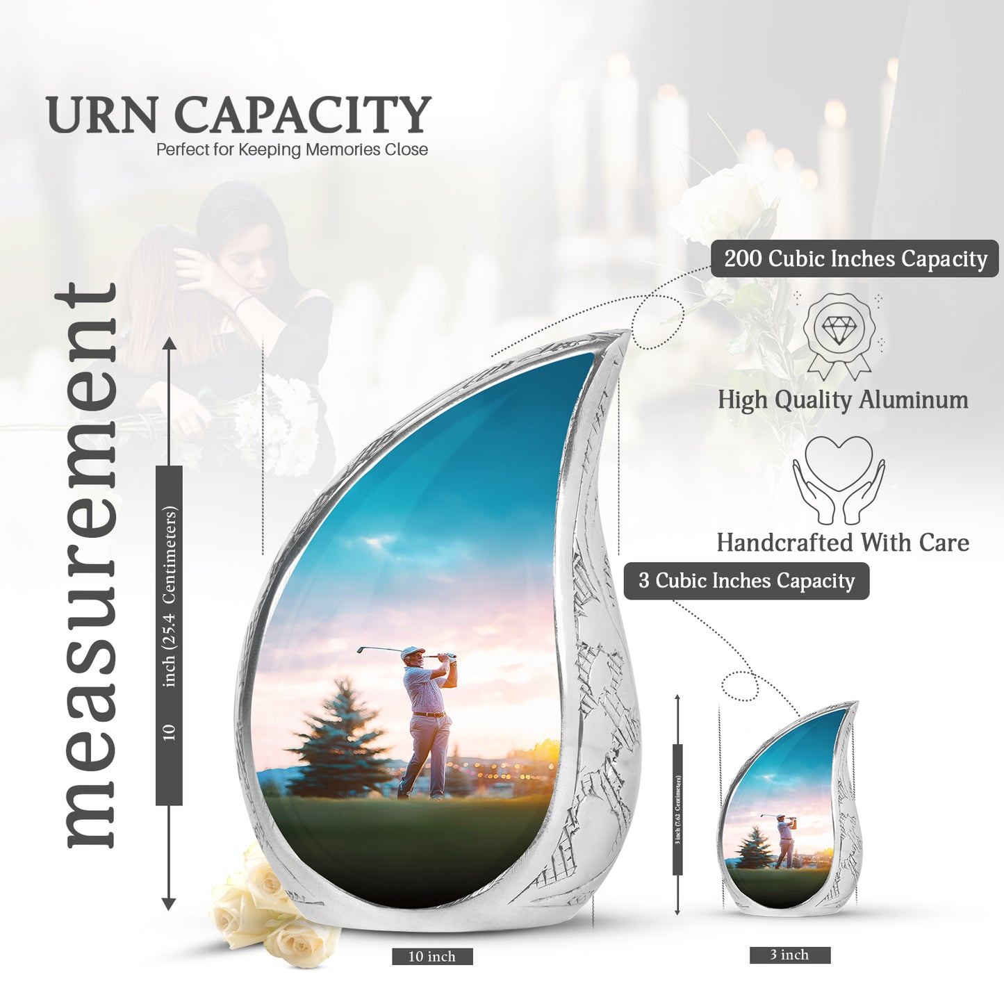 Platinum Silver Golf Cremation Urn angled view of lid and engraved motif - rounded teardrop golf design with delicate detail - mini keepsake memorial for portion of cremation ashes