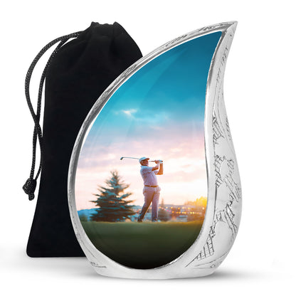 Antique Silver Golf Cremation Urn front view showing detailed design - smooth teardrop contour featuring golf art - full-size 10 inch 200 cubic inch adult cremation urn