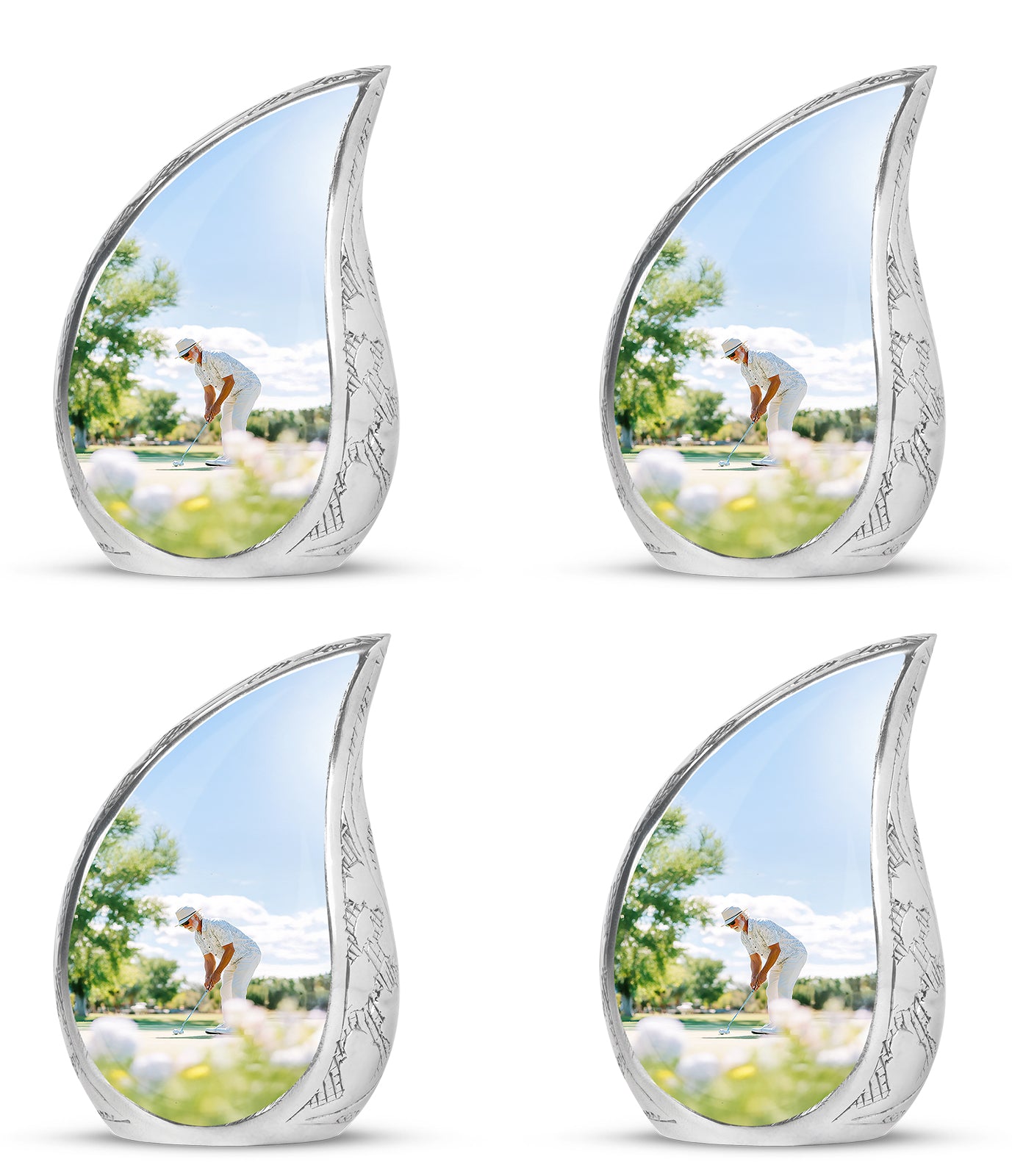 Platinum Silver Golf Cremation Urn close-up of engraving and surface detail - rounded teardrop golf design with delicate detail - 10 inch aluminum urn for cremated remains