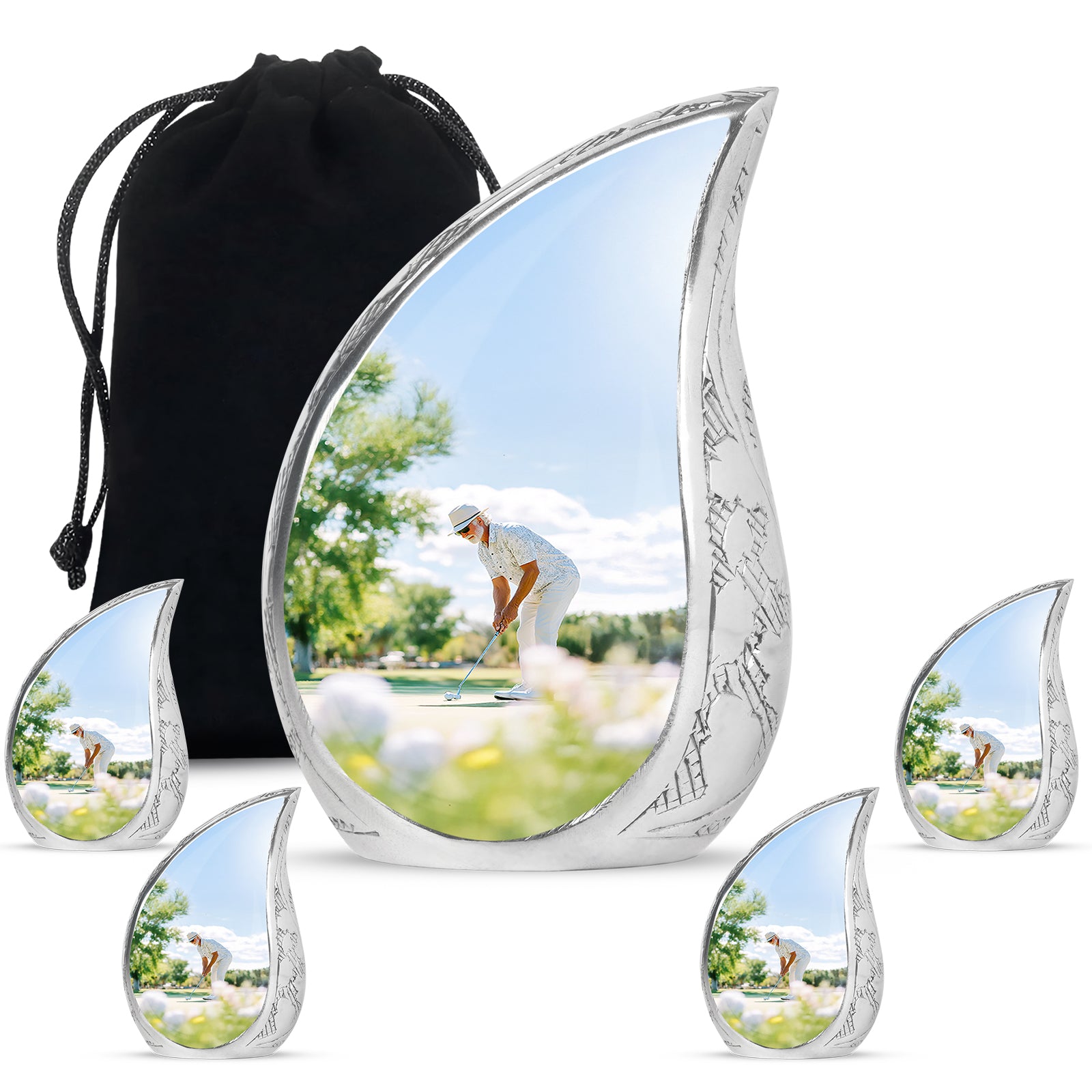 Satin Silver Golf Cremation Urn side profile showing urn shape - flowing teardrop golf silhouette on curved aluminum - memorial set with one large and four small urns