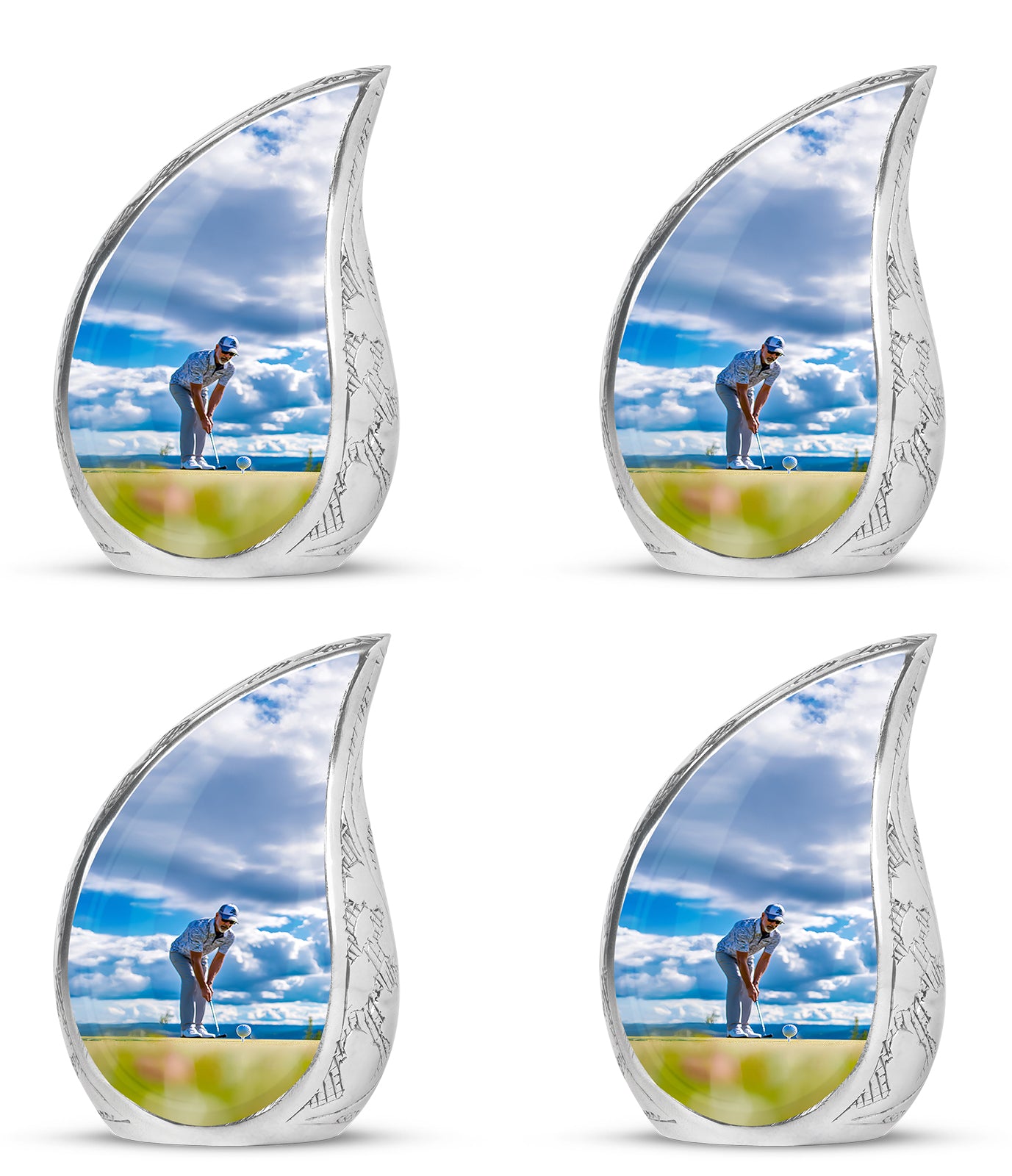 Steel Blue Golf Cremation Urn close-up of engraving and surface detail - graceful tear-shaped urn with golf motif - 10 inch aluminum urn for cremated remains