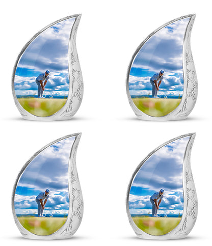 Steel Blue Golf Cremation Urn close-up of engraving and surface detail - graceful tear-shaped urn with golf motif - 10 inch aluminum urn for cremated remains