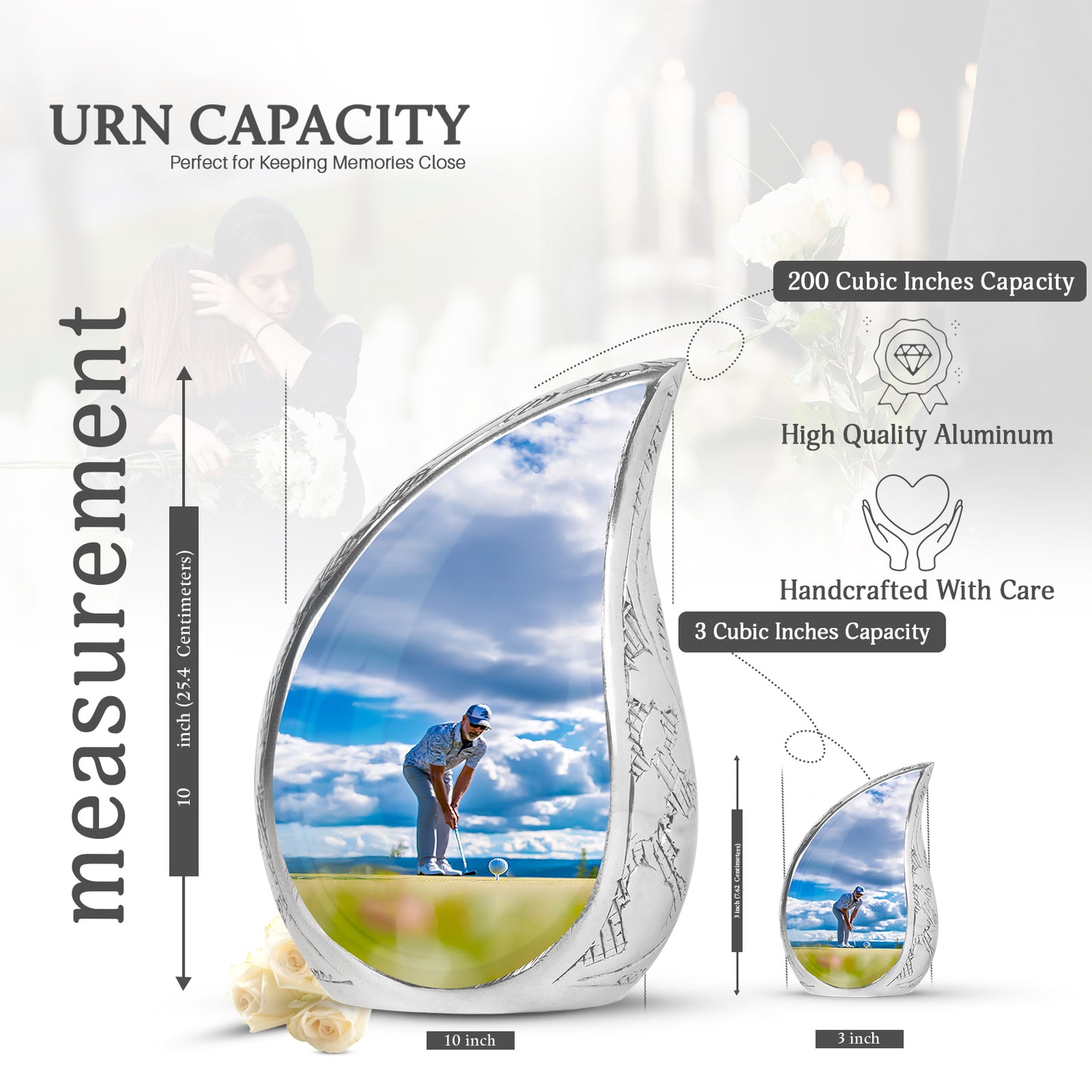 Azure Golf Cremation Urn angled view of lid and engraved motif - rounded teardrop golf design with delicate detail - mini keepsake memorial for portion of cremation ashes