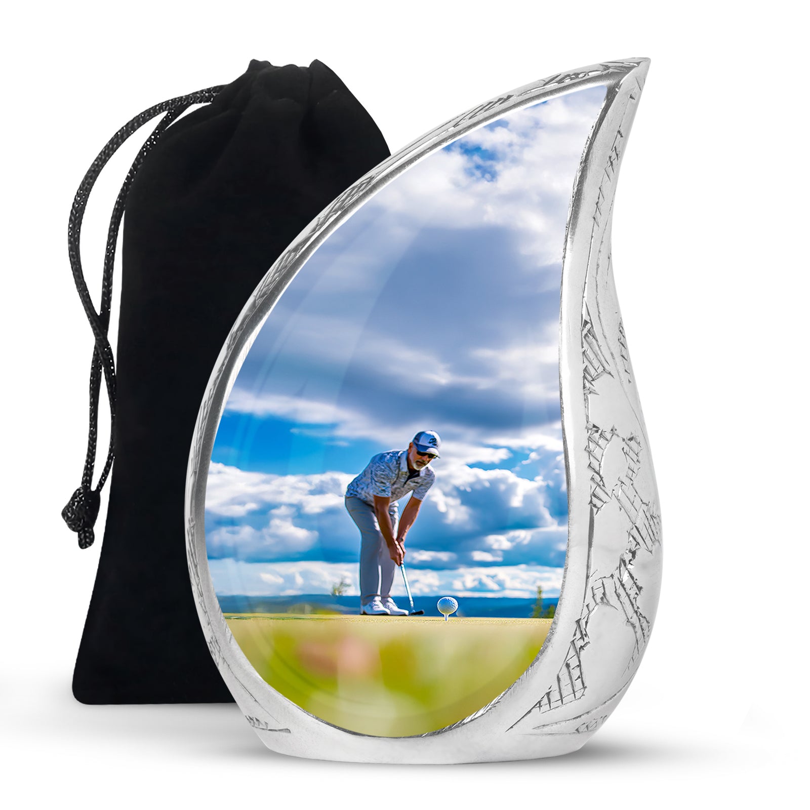Twilight Blue Golf Cremation Urn front view showing detailed design - graceful tear-shaped urn with golf motif - full-size 10 inch 200 cubic inch adult cremation urn
