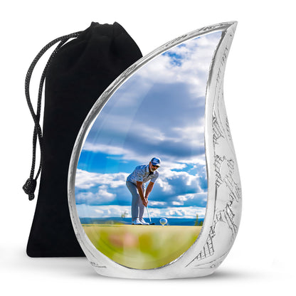Twilight Blue Golf Cremation Urn front view showing detailed design - graceful tear-shaped urn with golf motif - full-size 10 inch 200 cubic inch adult cremation urn