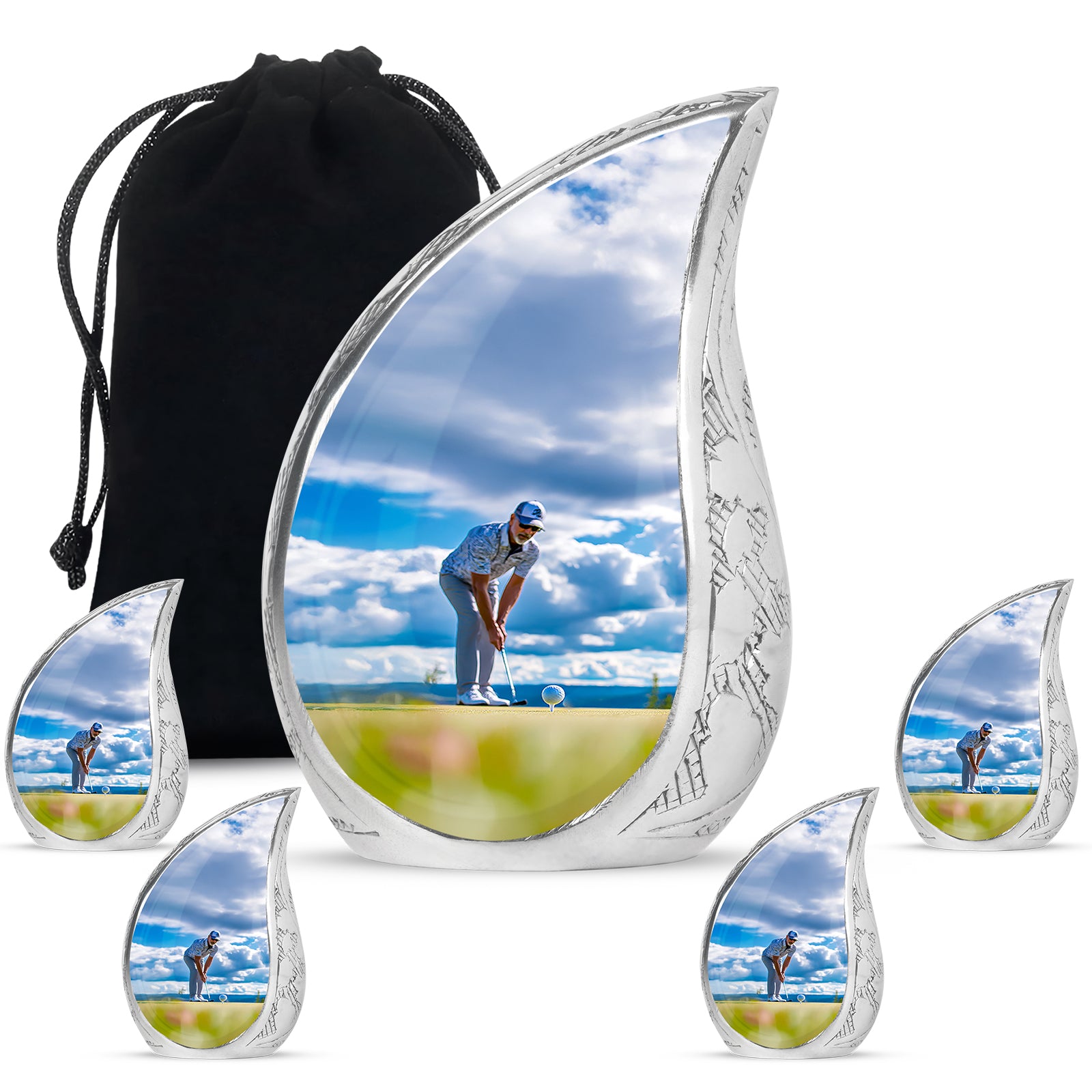Steel Blue Golf Cremation Urn side profile showing urn shape - smooth teardrop contour featuring golf art - memorial set with one large and four small urns