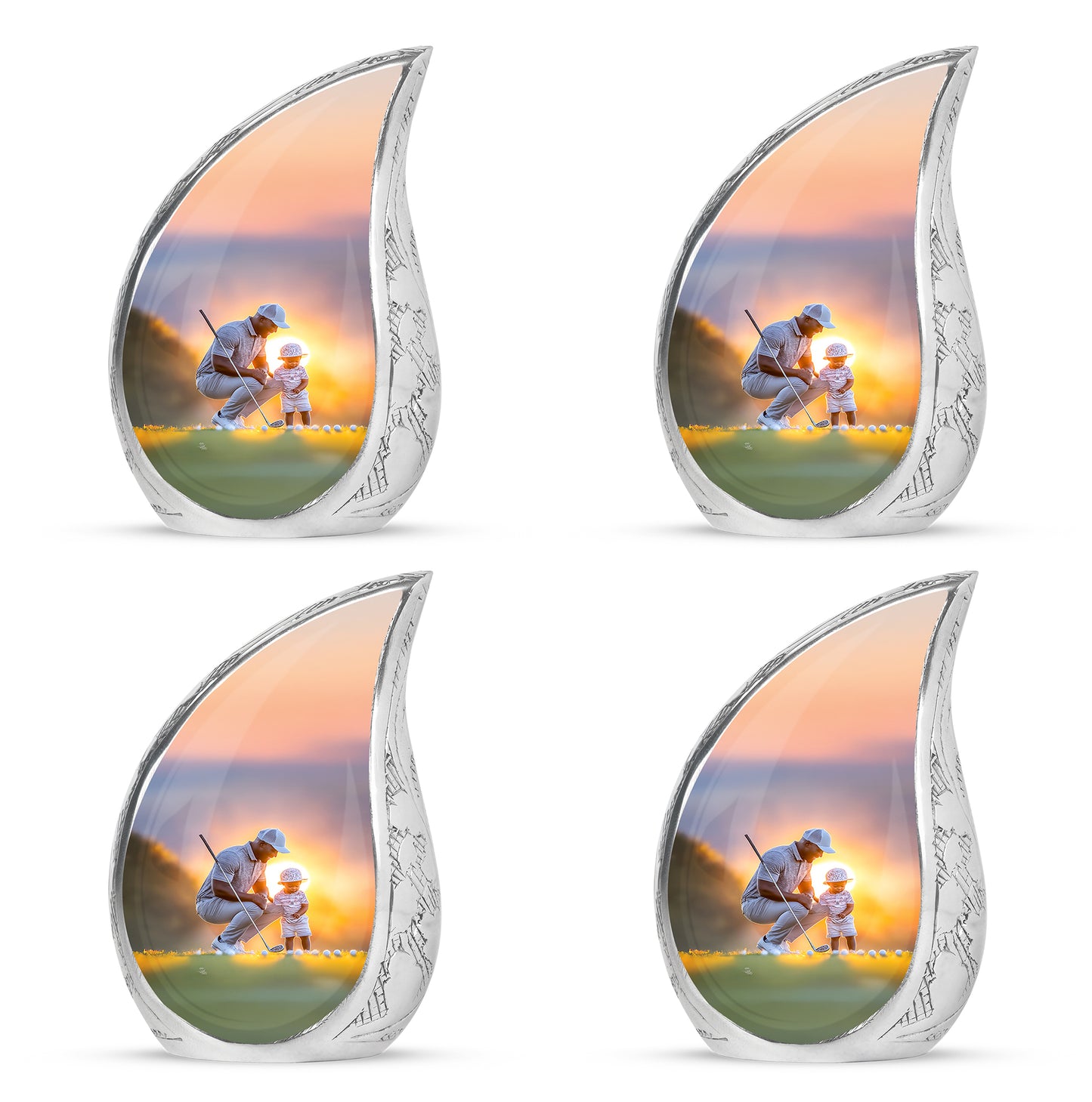 Dove Gray Golf Cremation Urn close-up of engraving and surface detail - rounded teardrop golf design with delicate detail - 10 inch aluminum urn for cremated remains