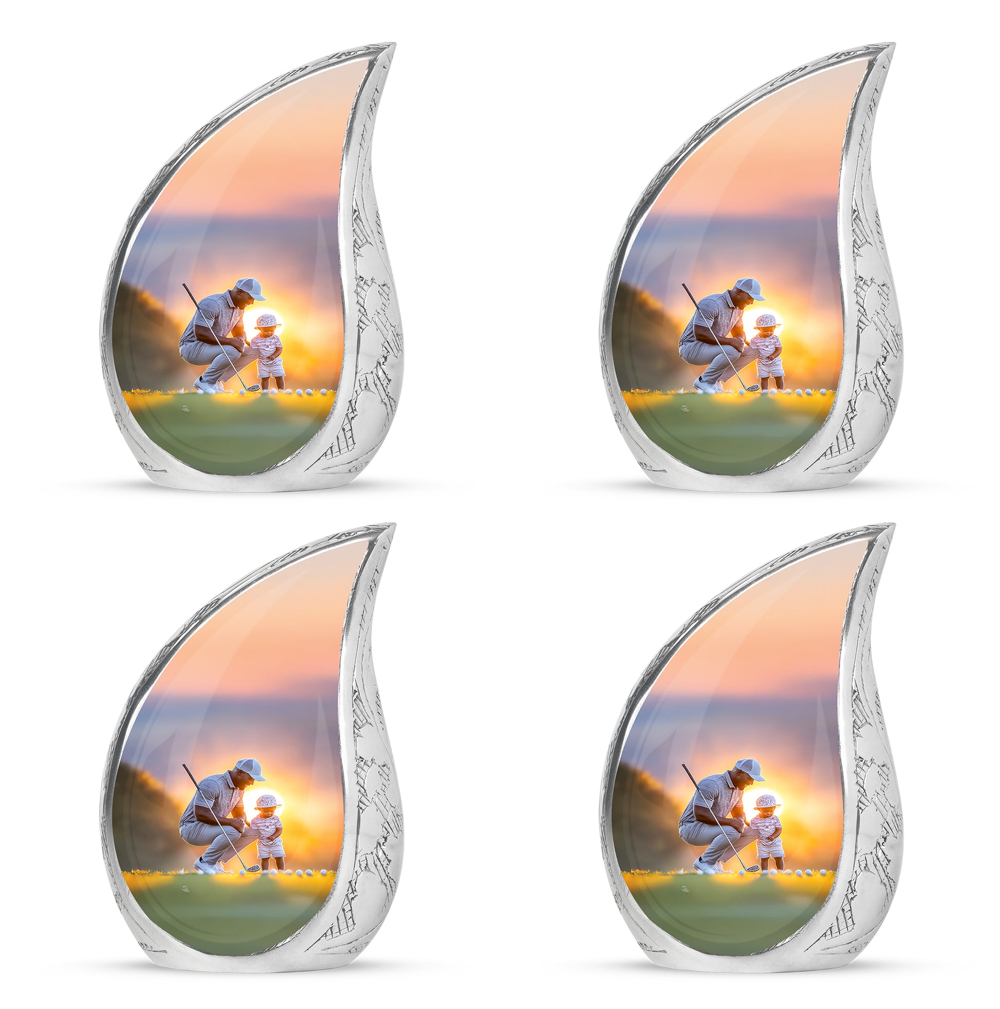 Dove Gray Golf Cremation Urn close-up of engraving and surface detail - rounded teardrop golf design with delicate detail - 10 inch aluminum urn for cremated remains