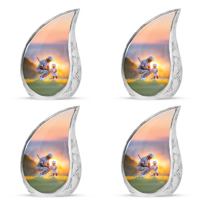 Dove Gray Golf Cremation Urn close-up of engraving and surface detail - rounded teardrop golf design with delicate detail - 10 inch aluminum urn for cremated remains