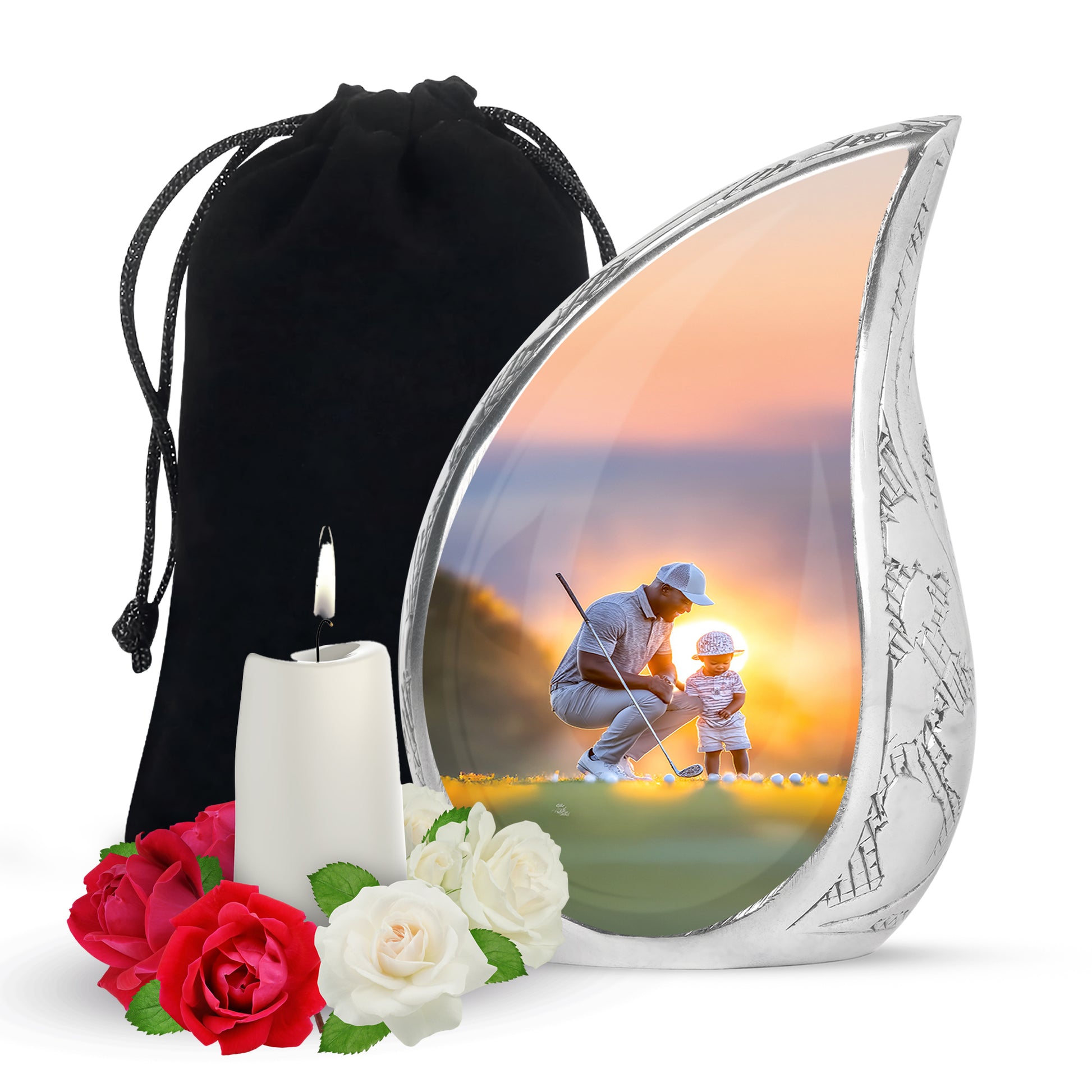 Smoke Gray Golf Cremation Urn front view showing detailed design - graceful tear-shaped urn with golf motif - full-size 10 inch 200 cubic inch adult cremation urn