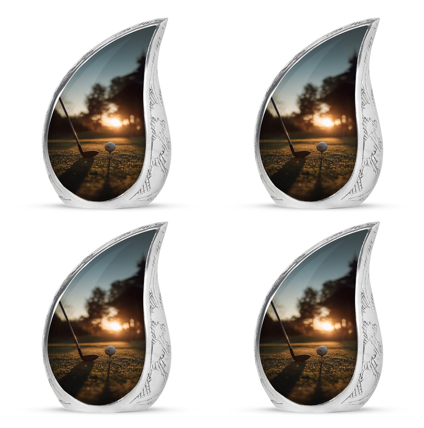 Gilded Gold Golf Cremation Urn close-up of engraving and surface detail - flowing teardrop golf silhouette on curved aluminum - 10 inch aluminum urn for cremated remains