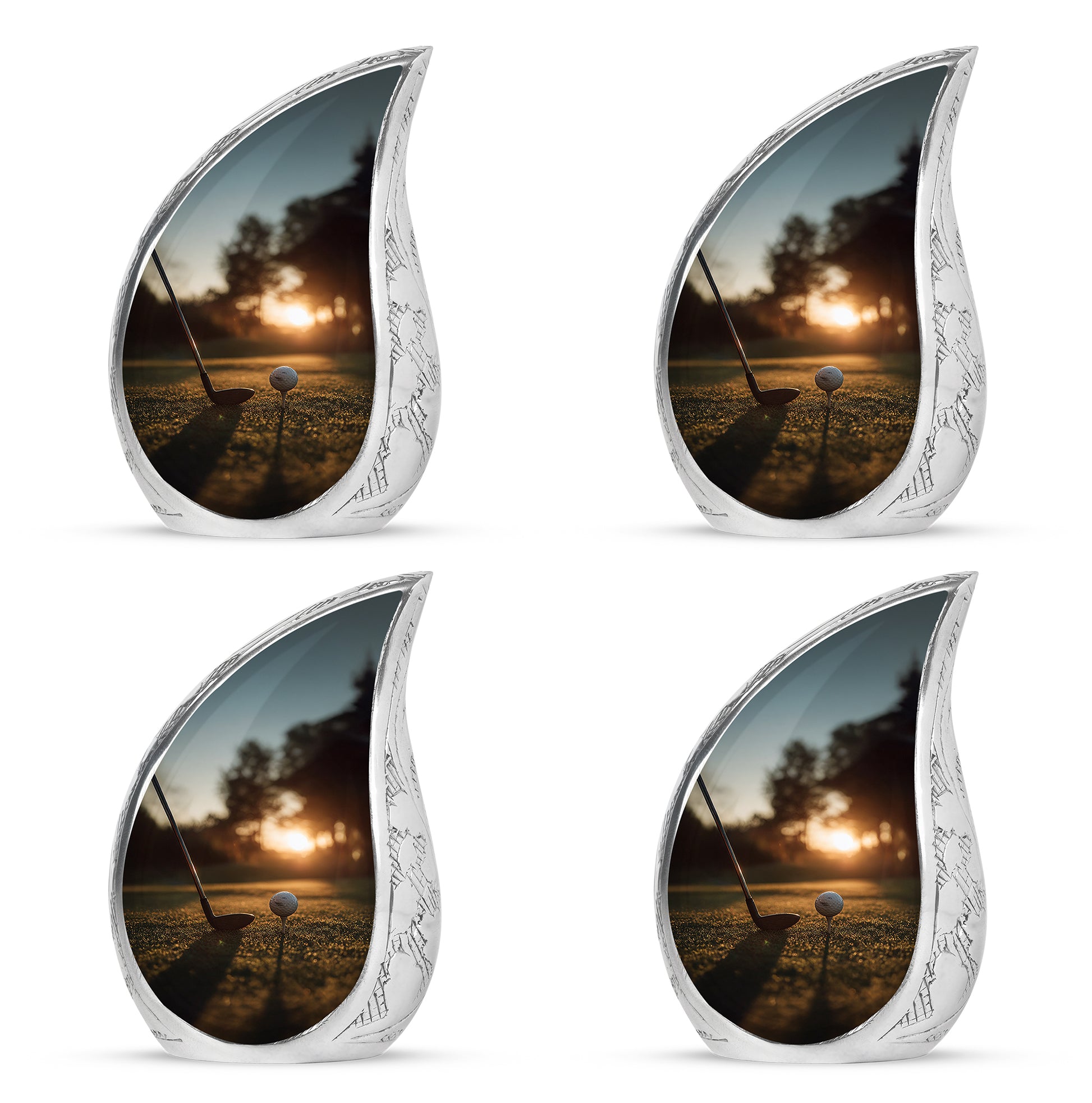Gilded Gold Golf Cremation Urn close-up of engraving and surface detail - flowing teardrop golf silhouette on curved aluminum - 10 inch aluminum urn for cremated remains