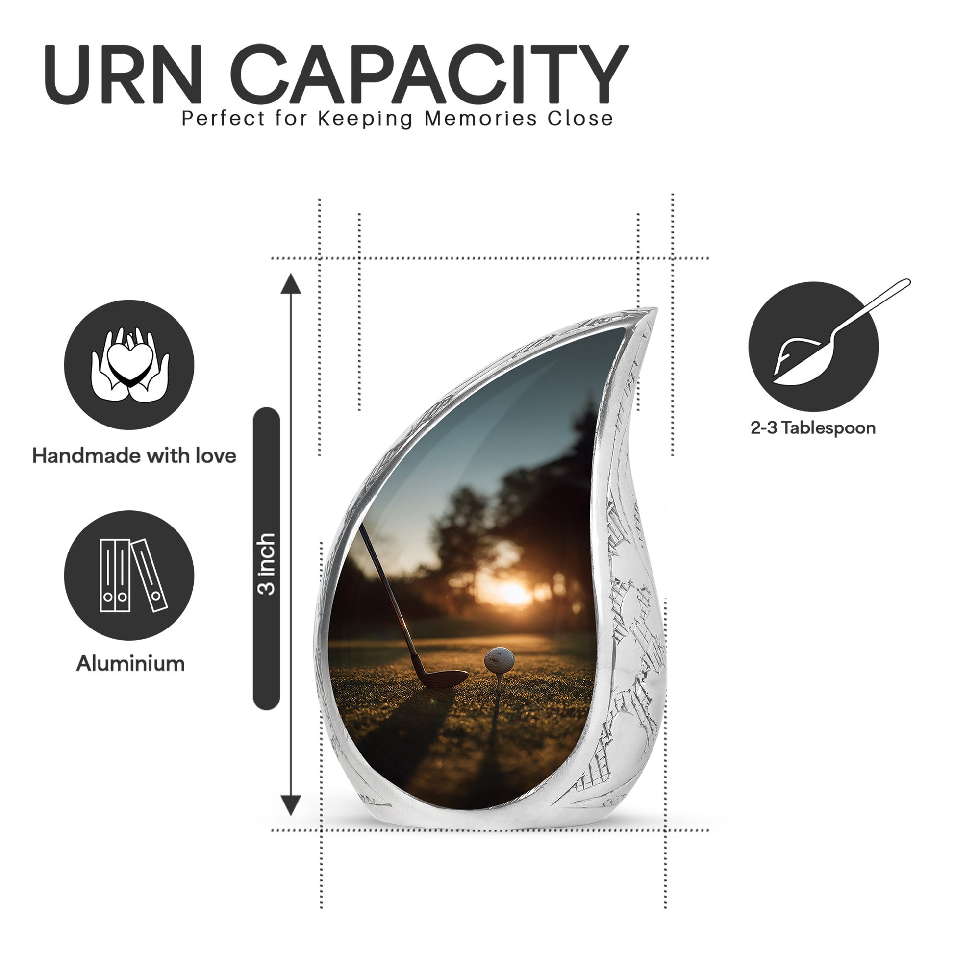 Champagne Gold Golf Cremation Urn angled view of lid and engraved motif - flowing teardrop golf silhouette on curved aluminum - mini keepsake memorial for portion of cremation ashes