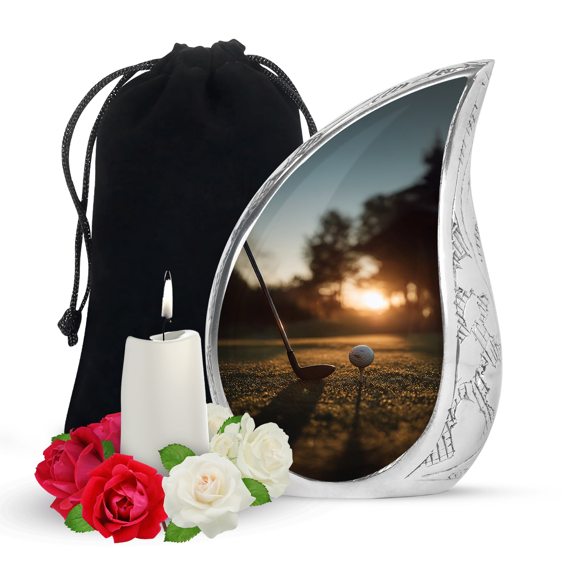 Gilded Gold Golf Cremation Urn front view showing detailed design - rounded teardrop golf design with delicate detail - full-size 10 inch 200 cubic inch adult cremation urn
