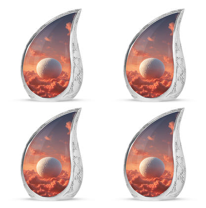 Rich Red Golf Cremation Urn close-up of engraving and surface detail - graceful tear-shaped urn with golf motif - 10 inch aluminum urn for cremated remains