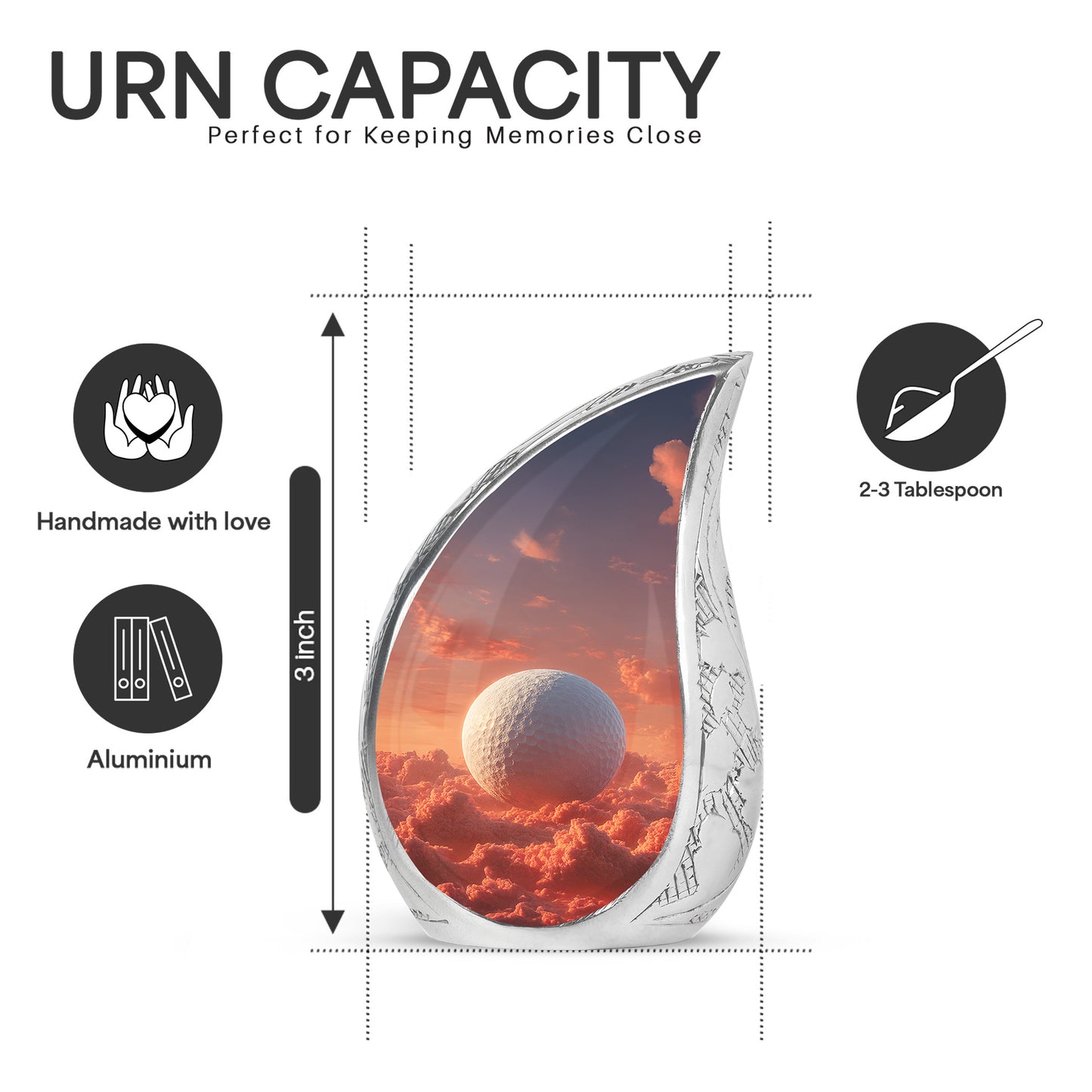 Deep Red Golf Cremation Urn angled view of lid and engraved motif - flowing teardrop golf silhouette on curved aluminum - mini keepsake memorial for portion of cremation ashes