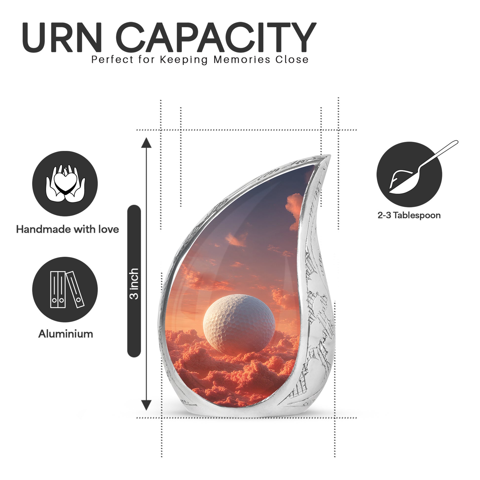 Deep Red Golf Cremation Urn angled view of lid and engraved motif - flowing teardrop golf silhouette on curved aluminum - mini keepsake memorial for portion of cremation ashes