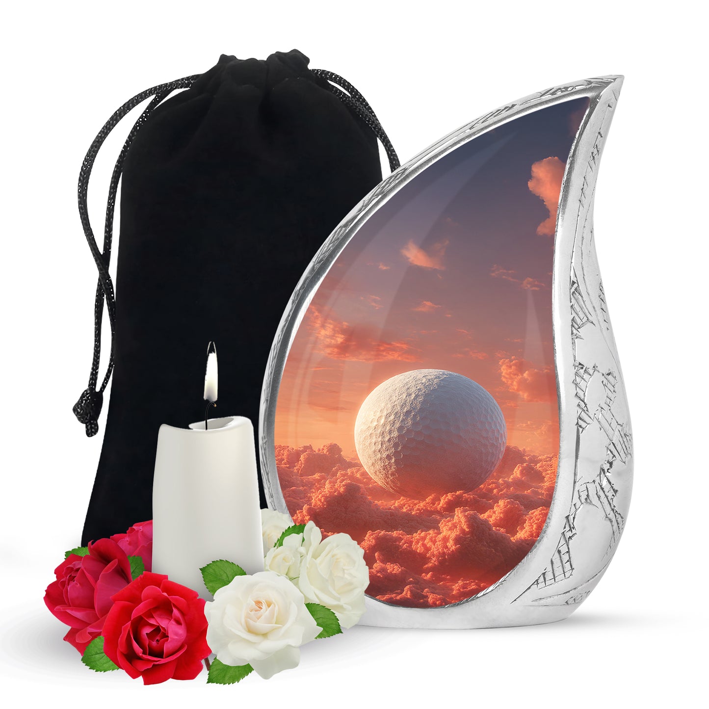 Fiery Red Golf Cremation Urn front view showing detailed design - graceful tear-shaped urn with golf motif - full-size 10 inch 200 cubic inch adult cremation urn